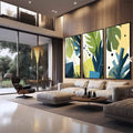 Quadro Decorativo Geometria Natural | quadros decorativos para sala | Três painéis com folhas tropicais verdes e formas geométricas em azul, amarelo e branco | em Quadros para Sala | Porao dos Quadros