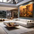 Quadro Decorativo Leões em Conexão Majestosa | quadros decorativos para sala | Leoa majestosa com cinco filhotes em tons dourados e laranja ao entardecer | em Quadros para Sala | Porao dos Quadros