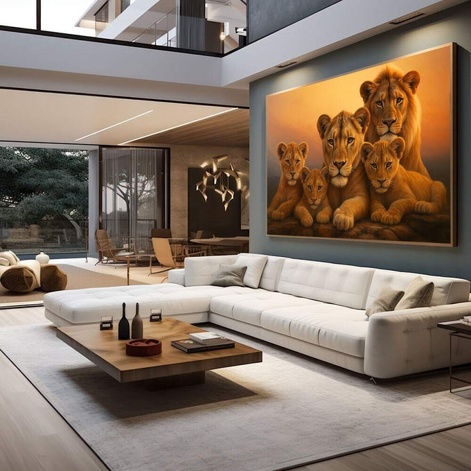 Quadro Decorativo Leões em Conexão Majestosa | quadros decorativos para sala | Leoa majestosa com cinco filhotes em tons dourados e laranja ao entardecer | em Quadros para Sala | Porao dos Quadros