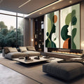 Quadro Decorativo Silhuetas Modernas | quadros decorativos para sala | Dois painéis com perfis femininos em verde e laranja com formas circulares e botânicas em estilo moderno. | em Quadros para Sala | Porao dos Quadros