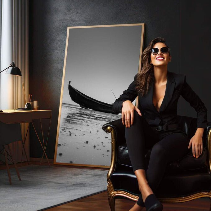 Quadro Decorativo Barco Serenity | quadros decorativos para sala | Barco preto solitário em águas rasas com areia e pedras em composição minimalista preto e branco. | em Quadros para Sala | Porao dos Quadros