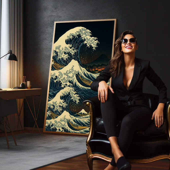 Quadro Decorativo Abstrato Onda de Impacto | quadros decorativos para sala | Grande onda azul e dourada com espuma branca e Monte Fuji ao fundo em composição dramática | em Quadros para Sala | Porao dos Quadros