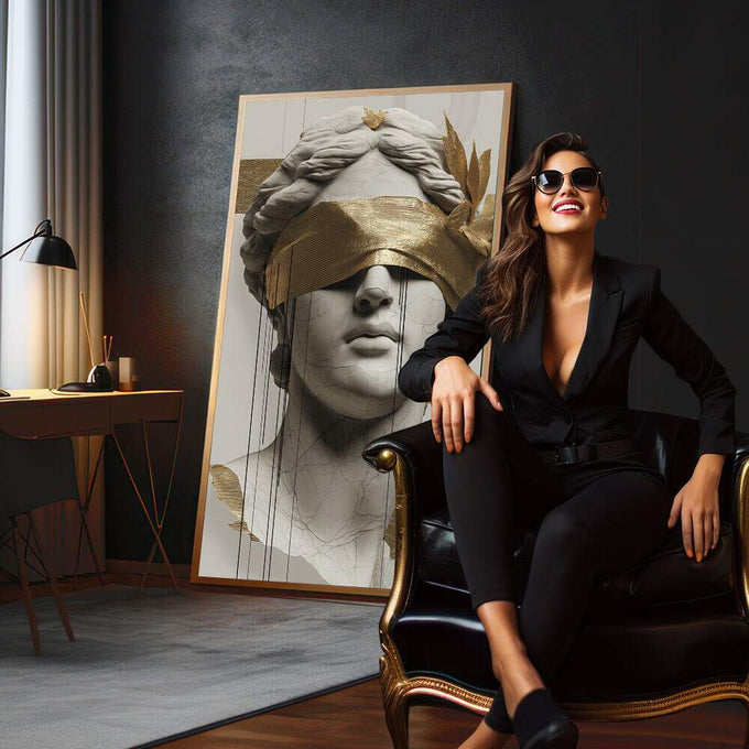 Quadro Decorativo Serenity em Mármore Dourado | quadros decorativos para sala | Busto clássico blindado com detalhes dourados em composição vertical minimalista e sofisticada | em Quadros para Sala | Porao dos Quadros