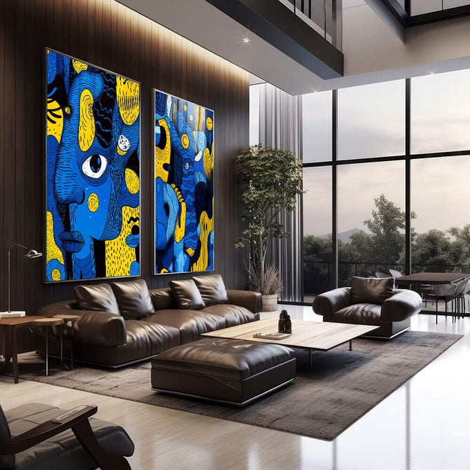 Quadro Decorativo Minimalista Fluído em Azul e Amarelo | quadros decorativos para sala | Faces abstratas azul e amarelo com padrões geométricos e olhos expressivos em composição vibrante | em Quadros para Sala | Porao dos Quadros