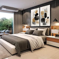Quadro Decorativo Abstrato Dual Elegante | quadros decorativos para sala | Quadro com formas geométricas abstratas em preto, dourado e branco em composição minimalista equilibrada. | em Quadros para Sala | Porao dos Quadros