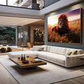 Quadro Decorativo Majestade da Savana | quadros decorativos para sala | Leão majestoso em savana dourada ao entardecer com céu roxo, juba avermelhada, fotorrealismo. | em Quadros para Sala | Porao dos Quadros