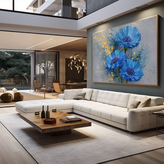 Quadro Decorativo Flores Azuis Elegantes | quadros decorativos para sala | Três gerberas azuis vibrantes com efeito de partículas douradas dispersas em fundo cinzento | em Quadros para Sala | Porao dos Quadros