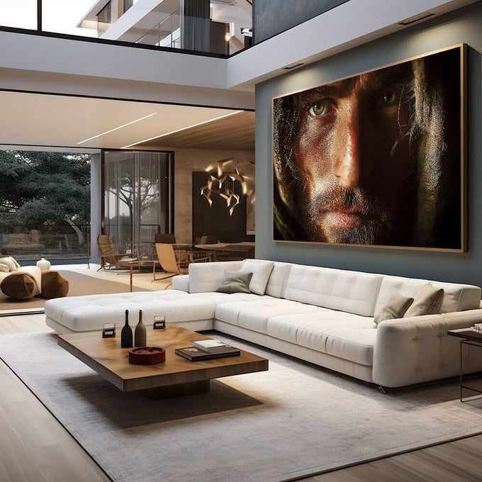 Quadro Decorativo Olhar Profundo | quadros decorativos para sala | Retrato masculino fotorrealista com iluminação dourada e fundo preto, composição monumental vertical | em Quadros para Sala | Porao dos Quadros