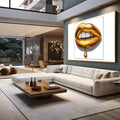Quadro Decorativo Lábios Dourados | quadros decorativos para sala | Lábios em ouro líquido com dente branco em composição luxuosa e sofisticada | em Quadros para Sala | Porao dos Quadros