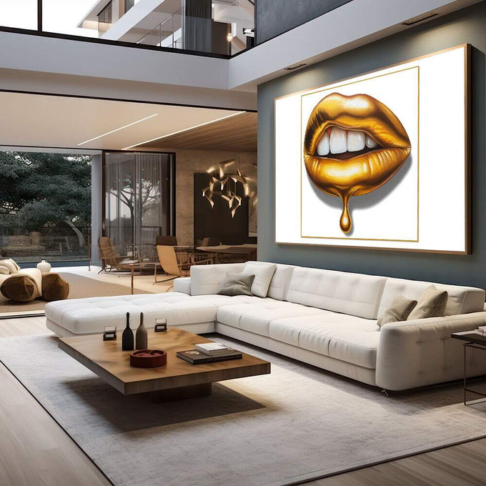 Quadro Decorativo Lábios Dourados | quadros decorativos para sala | Lábios em ouro líquido com dente branco em composição luxuosa e sofisticada | em Quadros para Sala | Porao dos Quadros