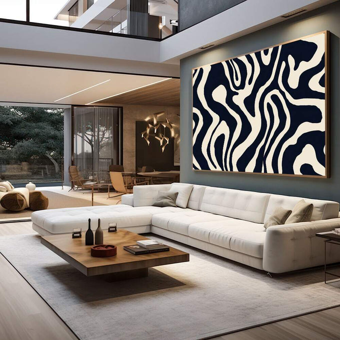 Quadro Decorativo Abstrato Elegância Azul | quadros decorativos para sala | Padrão abstrato ondulante em azul marinho e creme com linhas fluidas contínuas | em Quadros para Sala | Porao dos Quadros