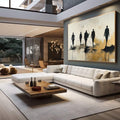 Quadro Decorativo Jornada com Silhuetas Elegantes | quadros decorativos para sala | Cinco silhuetas em preto caminhando sobre manchas abstratas em bege e dourado | em Quadros para Sala | Porao dos Quadros