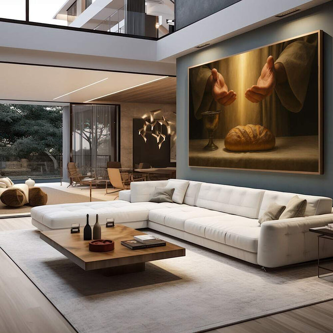 Quadro Decorativo Mãos da Abundância | quadros decorativos para sala | Duas mãos abertas em devoção ao redor de um pão dourado com luz quente ao fundo. | em Quadros para Sala | Porao dos Quadros