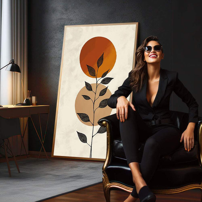 Quadro Decorativo Serenidade Botânica Minimalista | quadros decorativos para sala | Flor abstrata em tons de laranja e bege com folhas escuras em caule minimalista | em Quadros para Sala | Porao dos Quadros