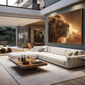 Quadro Decorativo Majestade do Leão | quadros decorativos para sala | Leão majestoso em perfil com juba dourada banhada em luz quente e céu ao fundo | em Quadros para Sala | Porao dos Quadros