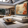 Quadro Decorativo Natureza em Flor | quadros decorativos para sala | Árvores floridas em relevo com tons laranja e bege sobre paisagem ondulada texturizada | em Quadros para Sala | Porao dos Quadros