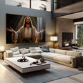 Quadro Decorativo 'Acolhimento Divino' - Arte que Transmite Paz e Esperança | quadros decorativos para sala | Figura divina em vestes brancas com iluminação dourada dramaticamente capturada | em Quadros para Sala | Porao dos Quadros