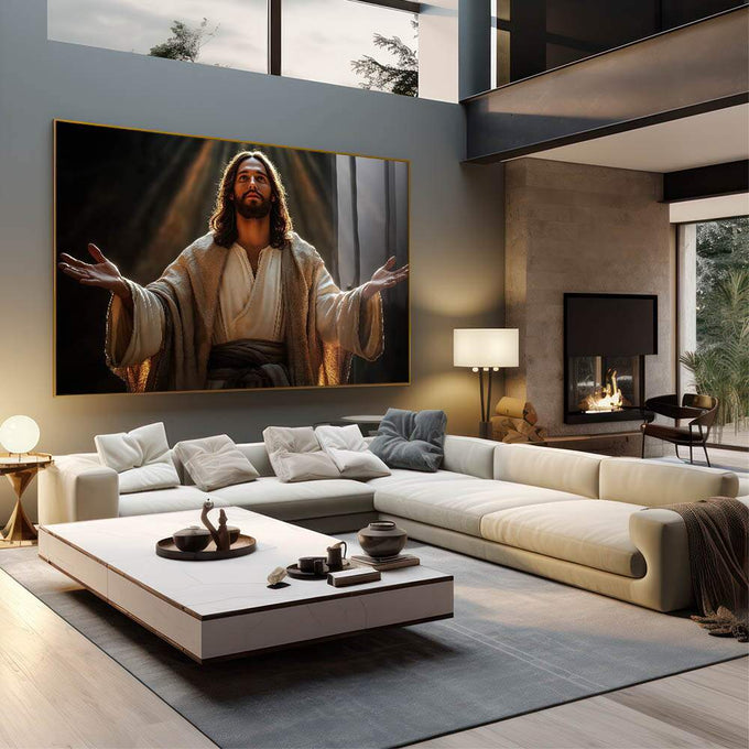 Quadro Decorativo 'Acolhimento Divino' - Arte que Transmite Paz e Esperança | quadros decorativos para sala | Figura divina em vestes brancas com iluminação dourada dramaticamente capturada | em Quadros para Sala | Porao dos Quadros