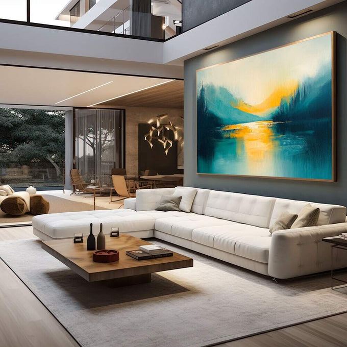 Quadro Decorativo Paisagem Moderna e Serena | quadros decorativos para sala | Lago turquesa com montanhas azuis e amanhecer dourado refletido na água com pinceladas expressivas. | em Quadros para Sala | Porao dos Quadros