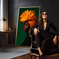 Quadro Decorativo Mulher Vibrante | quadros decorativos para sala | Mulher em turbante laranja e amarelo com brincos dourados em fundo verde profundo | em Quadros para Sala | Porao dos Quadros