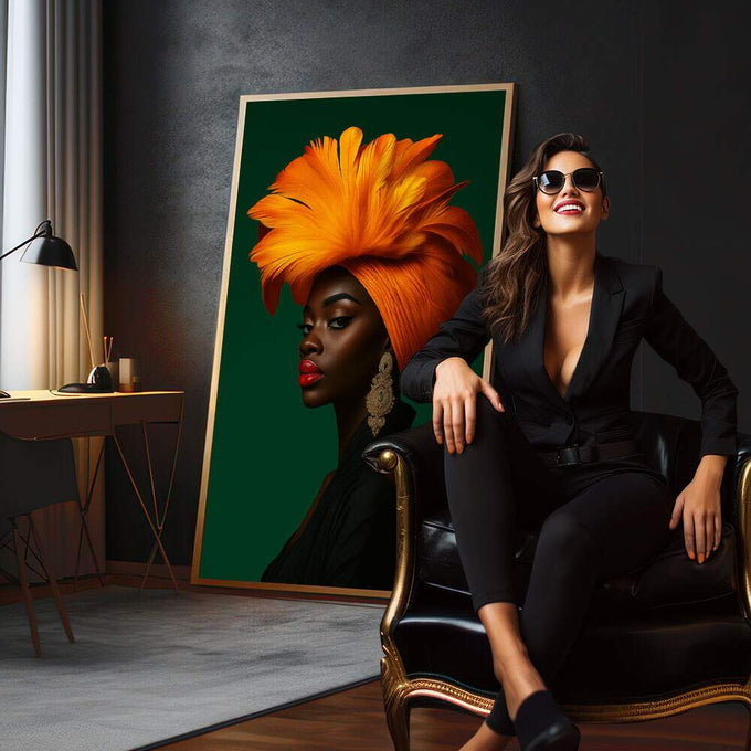 Quadro Decorativo Mulher Vibrante | quadros decorativos para sala | Mulher em turbante laranja e amarelo com brincos dourados em fundo verde profundo | em Quadros para Sala | Porao dos Quadros