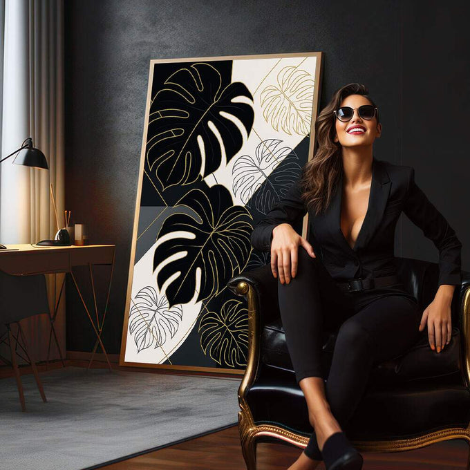 Quadro Decorativo Folha Monstera com Elegância | quadros decorativos para sala | Folhas de monstera em preto, branco e dourado com linhas delicadas em composição moderna. | em Quadros para Sala | Porao dos Quadros