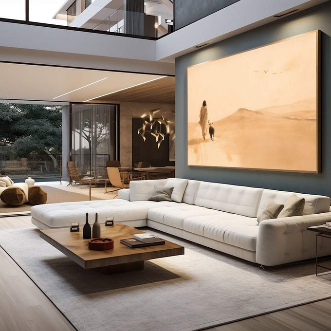 Quadro Decorativo Reflexões do Deserto | quadros decorativos para sala | Mulher e cachorro caminhando no deserto em tons bege com luz quente e composição profunda | em Quadros para Sala | Porao dos Quadros