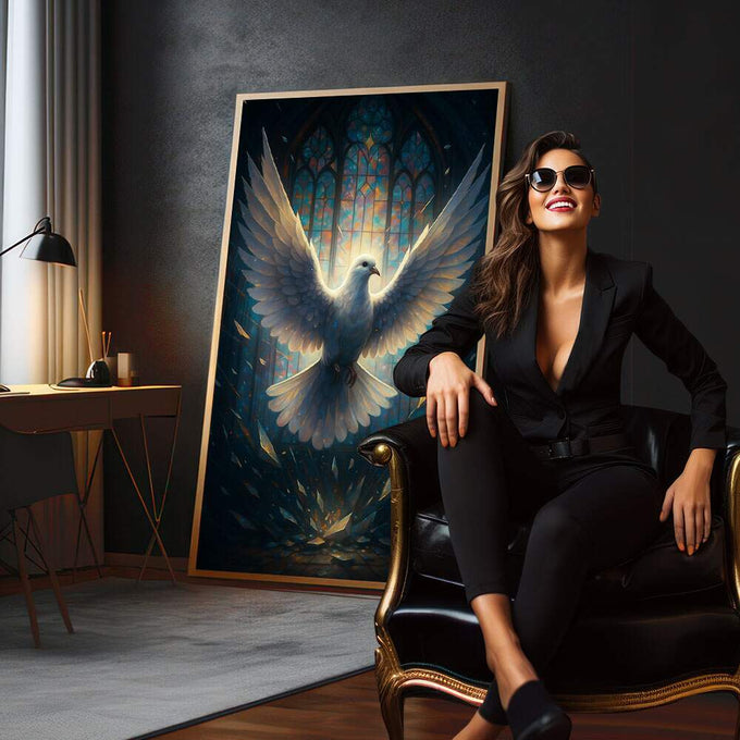 Quadro Decorativo Pomba da Liberdade Celestial | quadros decorativos para sala | Pomba branca luminosa com asas radiantes em tons azuis profundos e luz celestial dourada | em Quadros para Sala | Porao dos Quadros