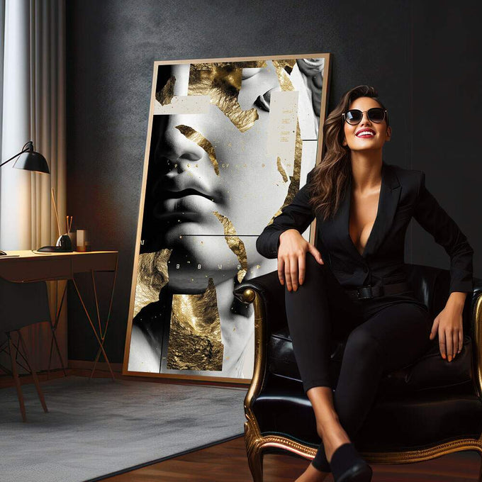 Quadro Retrato Moderno com Toque Dourado | quadros decorativos para sala | Rosto fragmentado em painéis sobrepostos com acentos dourados em preto e branco | em Quadros para Sala | Porao dos Quadros