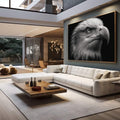 Quadro Decorativo Águia Majestosa | quadros decorativos para sala | Águia em close com cabeça branca e olho intenso em preto e cinza realista | em Quadros para Sala | Porao dos Quadros