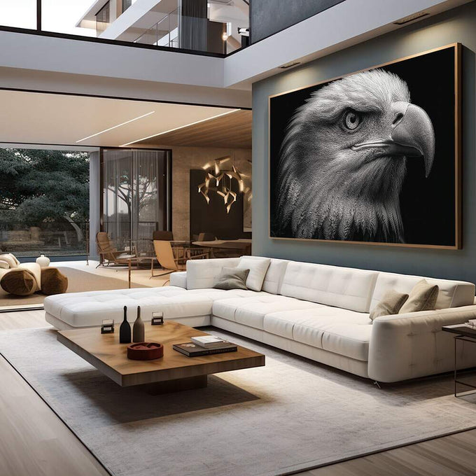 Quadro Decorativo Águia Majestosa | quadros decorativos para sala | Águia em close com cabeça branca e olho intenso em preto e cinza realista | em Quadros para Sala | Porao dos Quadros