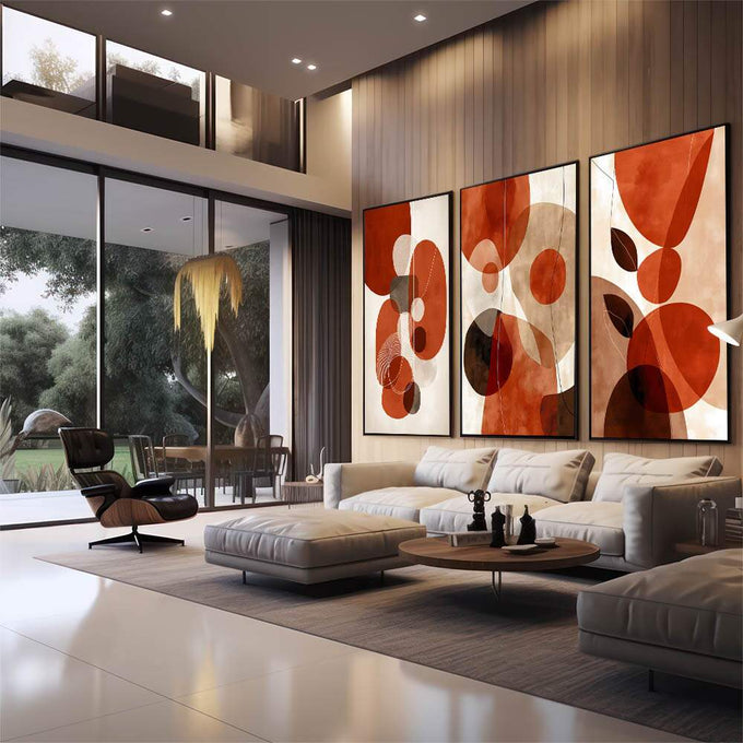 Quadro Decorativo Harmonia Quente | quadros decorativos para sala | Composição abstrata com círculos vermelhos, marrons e bege em sobreposição geométrica. | em Quadros para Sala | Porao dos Quadros