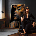 Quadro Decorativo Mulher da Natureza | quadros decorativos para sala | Rosto feminino em dourado e preto com padrões delicados em fundo escuro | em Quadros para Sala | Porao dos Quadros
