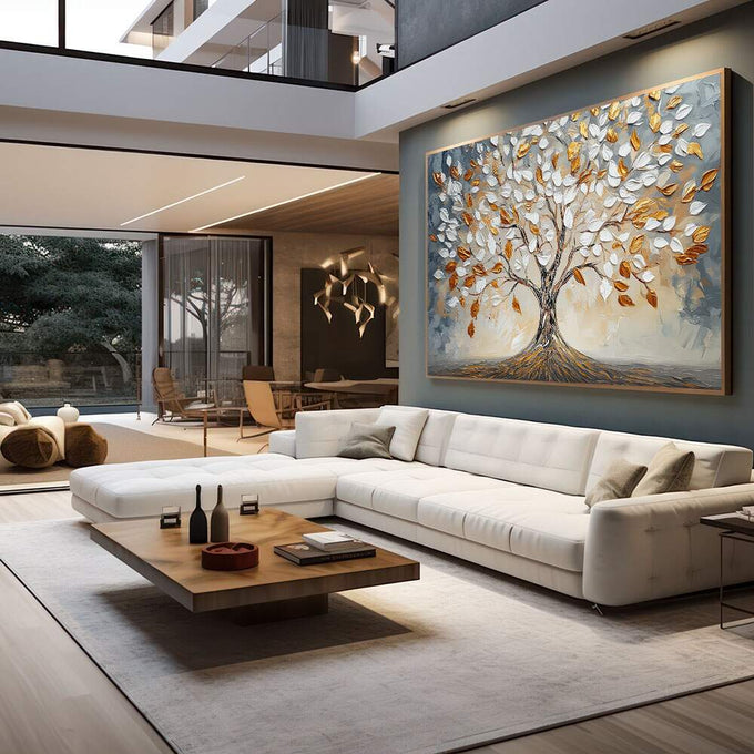 Quadro Decorativo Árvore da Vida Serena | quadros decorativos para sala | Árvore com folhas brancas e douradas em composição realista com fundo azul cinzento | em Quadros para Sala | Porao dos Quadros