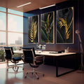 Quadro Decorativo: Luxo de Folhas Tropicais Douradas | quadros decorativos para sala | Três painéis com folhas tropicais em dourado luminoso sobre fundo preto profundo com detalhes precisos. | em Quadros para Sala | Porao dos Quadros