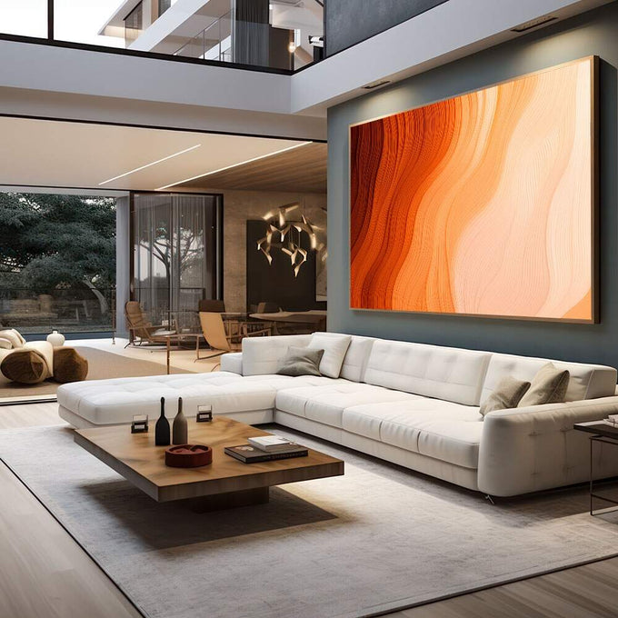 Quadro Decorativo Fluir do Pôr do Sol | quadros decorativos para sala | Padrão abstrato de ondas fluidas em tons de laranja, bege e creme com movimento suave | em Quadros para Sala | Porao dos Quadros