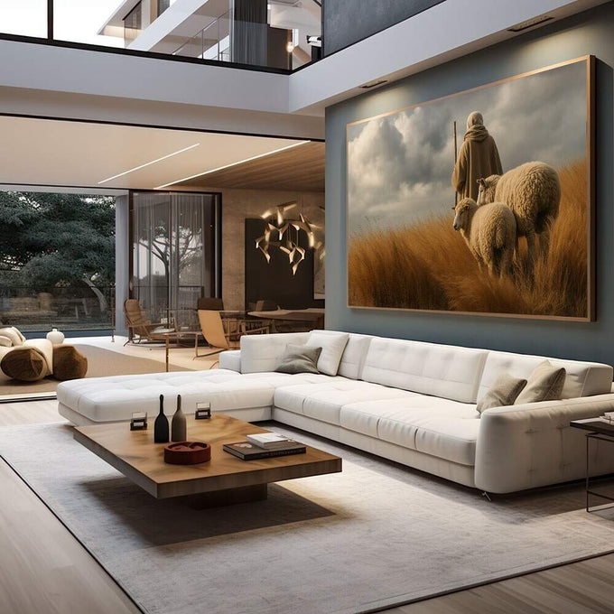 Quadro Decorativo Pastor e Ovelhas | quadros decorativos para sala | Pastora com ovelhas em campo dourado sob céu nublado, tons terrosos e luz natural. | em Quadros para Sala | Porao dos Quadros