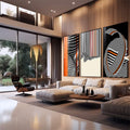 Quadro Decorativo Elegância Moderna: Listras Monocromáticas | quadros decorativos para sala | Composição abstrata com linhas dinâmicas em preto, branco e laranja vibrante formando ondas. | em Quadros para Sala | Porao dos Quadros