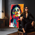 Quadro Decorativo Serenidade em Cores Vibrantes | quadros decorativos para sala | Retrato em pop art com cores vibrantes vermelho, laranja, azul e amarelo em composição expressiva vertical. | em Quadros para Sala | Porao dos Quadros