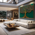 Quadro Decorativo - Árvore Dourada Elegante | quadros decorativos para sala | Árvore dourada intricada com folhas delicadas em fundo verde profundo e luxuoso | em Quadros para Sala | Porao dos Quadros