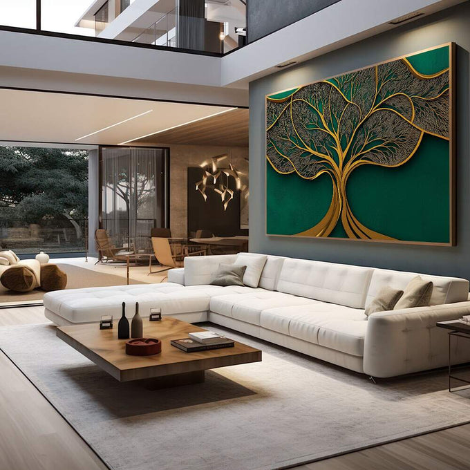 Quadro Decorativo - Árvore Dourada Elegante | quadros decorativos para sala | Árvore dourada intricada com folhas delicadas em fundo verde profundo e luxuoso | em Quadros para Sala | Porao dos Quadros