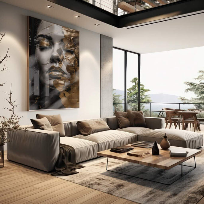 Quadro Decorativo Elegância em Folha de Ouro: Transforme Seu Ambiente | quadros decorativos para sala | Rosto em preto e branco com dourado líquido escorrendo pela face em composição artística. | em Quadros para Sala | Porao dos Quadros