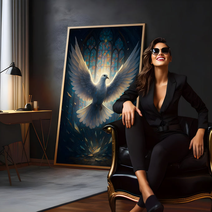 Pomba branca de asas abertas diante de vitral de catedral em azul com cacos de luz dourada, quadro decorativo