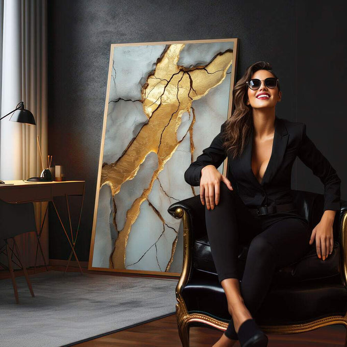 Quadro Decorativo Mármore com Detalhes em Dourado | quadros decorativos para sala | Abstração com veios dourados rasgando tons cinzentos e azulados em composição elegante | em Quadros para Sala | Porao dos Quadros