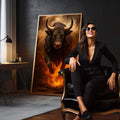 Quadro Decorativo Força do Touro Flamejante | quadros decorativos para sala | Touro preto com chamas vermelhas e douradas, olhos brilhantes, emergindo do fogo em composição dramática | em Quadros para Sala | Porao dos Quadros