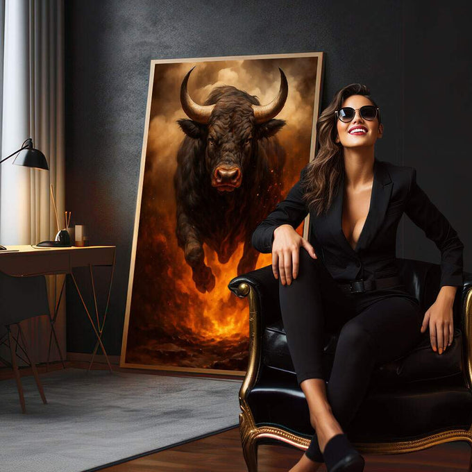 Quadro Decorativo Força do Touro Flamejante | quadros decorativos para sala | Touro preto com chamas vermelhas e douradas, olhos brilhantes, emergindo do fogo em composição dramática | em Quadros para Sala | Porao dos Quadros