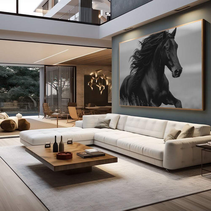 Quadro Decorativo Cavalo Negro em Movimento | quadros decorativos para sala | Cavalo negro em galope com crina ao vento contra céu cinzento em preto e branco | em Quadros para Sala | Porao dos Quadros