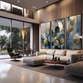 Quadro Decorativo Tríptico Elegante em Azul | quadros decorativos para sala | Três telas com folhas douradas, esferas bege e tons azuis em composição sofisticada. | em Quadros para Sala | Porao dos Quadros