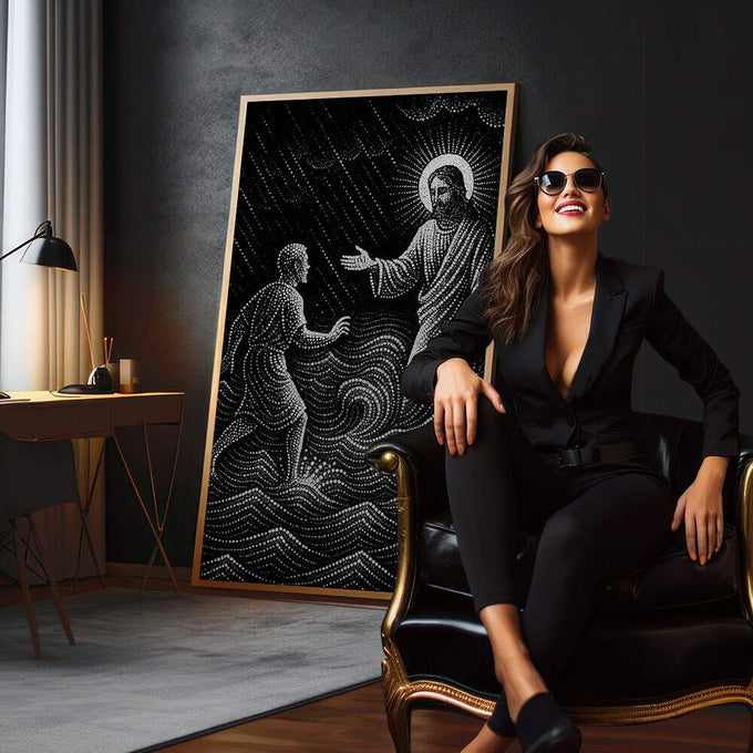 Quadro Decorativo Onda de Esperança Espiritual | quadros decorativos para sala | Jesus e figura em técnica pontilhista com halo radiante contra fundo preto | em Quadros para Sala | Porao dos Quadros