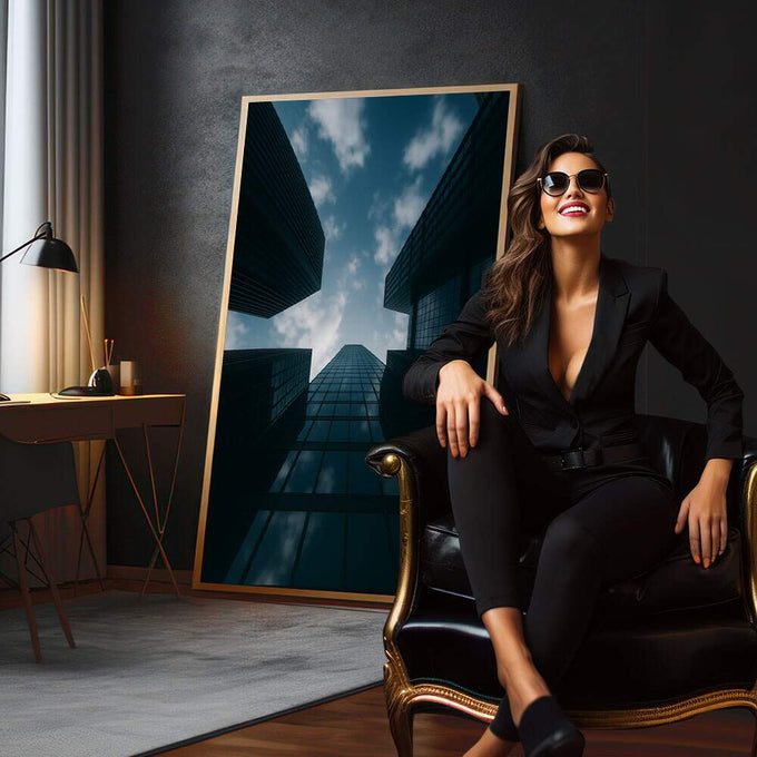Quadro Decorativo Edifícios em Visão Moderna | quadros decorativos para sala | Perspectiva arquitetônica de edifícios altos em tons azuis com céu nublado | em Quadros para Sala | Porao dos Quadros